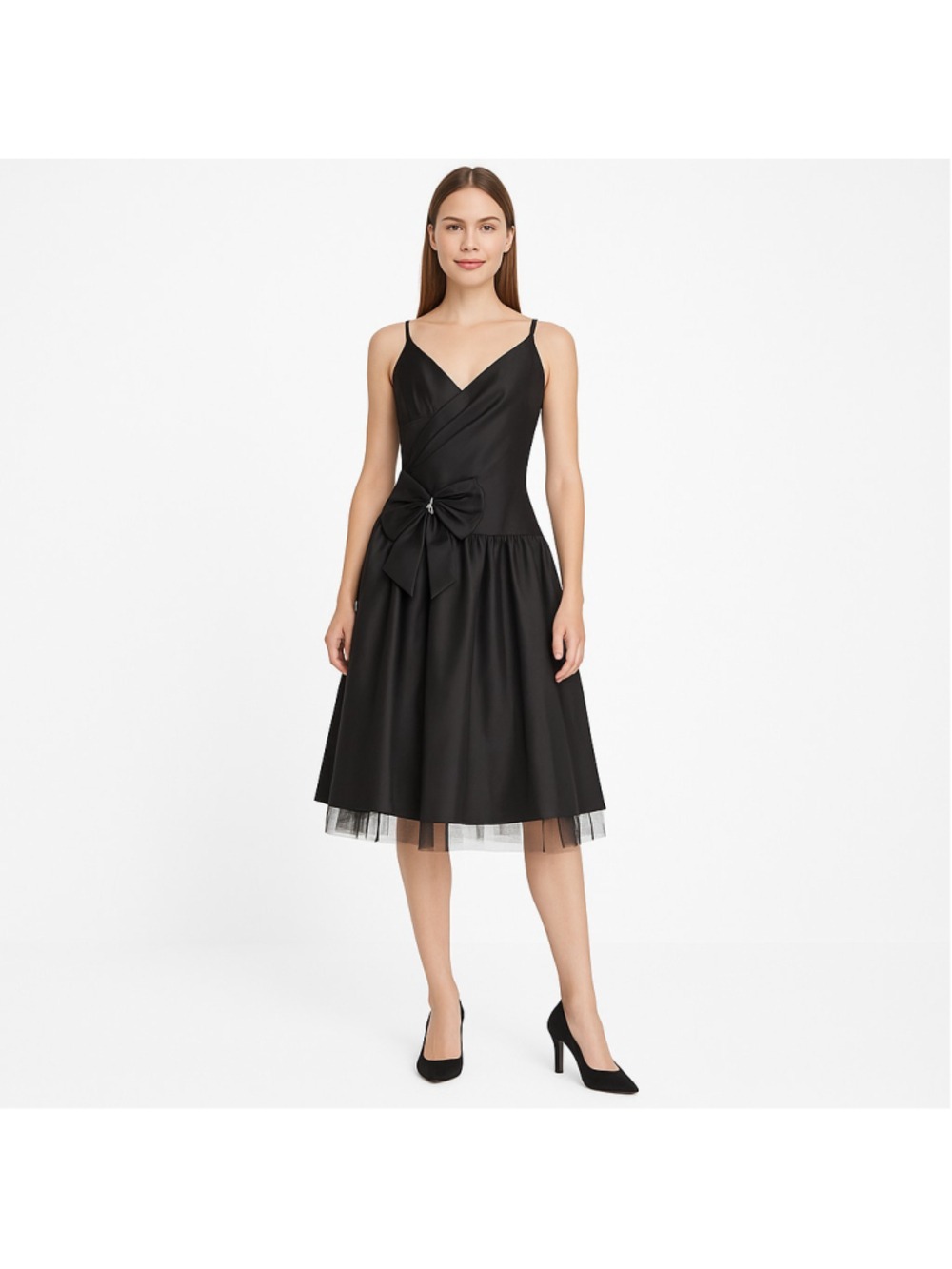 Vintage BCBG Paris Black Cocktail Dress Tulle Underskirt & Bow Rhinestone Detail